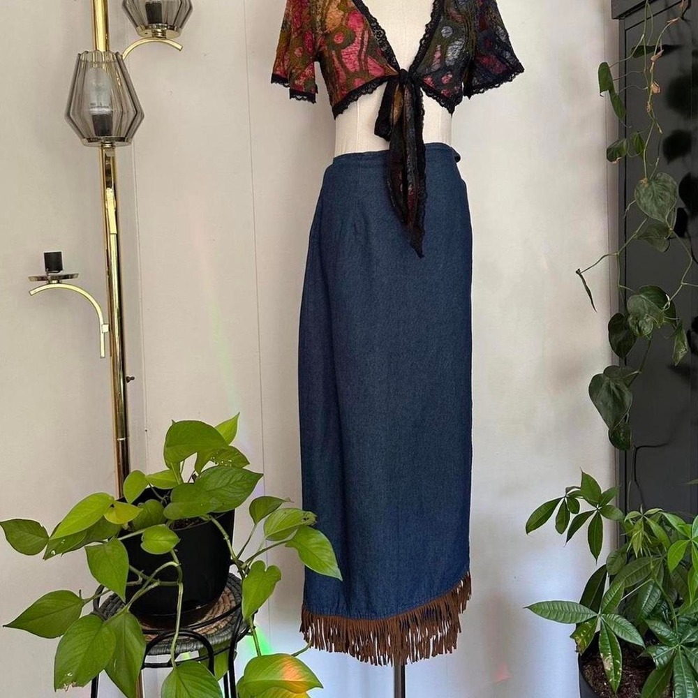 Vintage 90s On the Verge Denim Maxi Wrap Skirt Faux Suede Fringe Western Blue